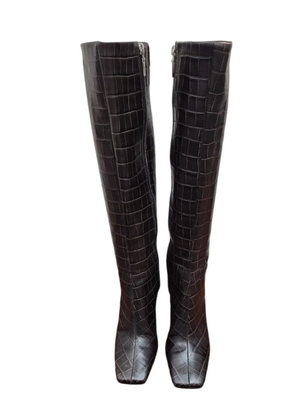 SCHUTZ Brown Croc Embossed Leather Knee High Boots Square Toe 6.5B Brazil